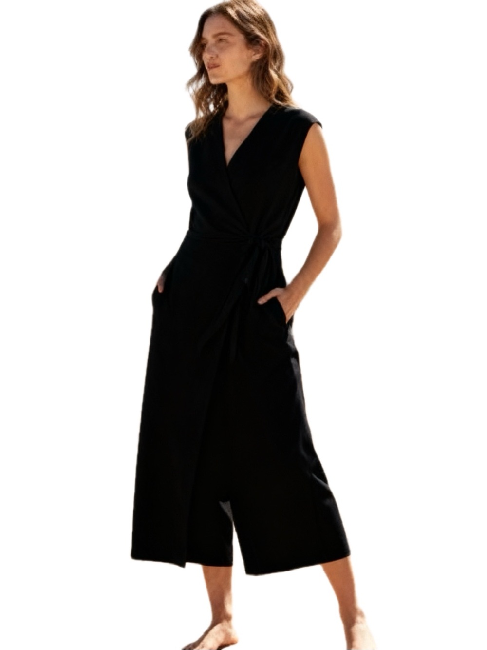 Eileen Fisher Black Sleeveless Wrap Midi Jumpsuit Dress